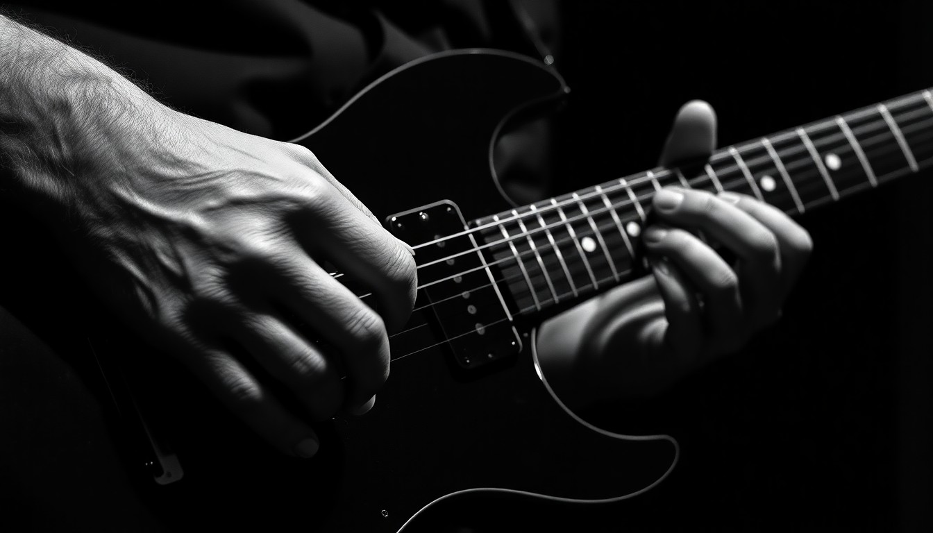 An extreme close-up photograph of a musician's hands playing an electric guitar, the fingers and strings rendered in dramatic, high-contrast lighting that captures the intricate textures and details of the performance.
