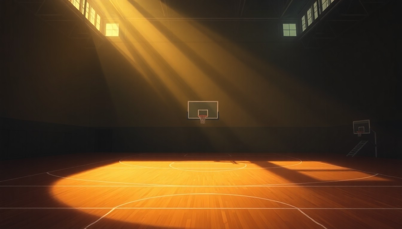A serene, cinematic painting of an empty basketball court with warm, diagonal sunlight and deep shadows, capturing the quiet tension and contemplative mood of the legal dispute over the Chicago Sky facility.