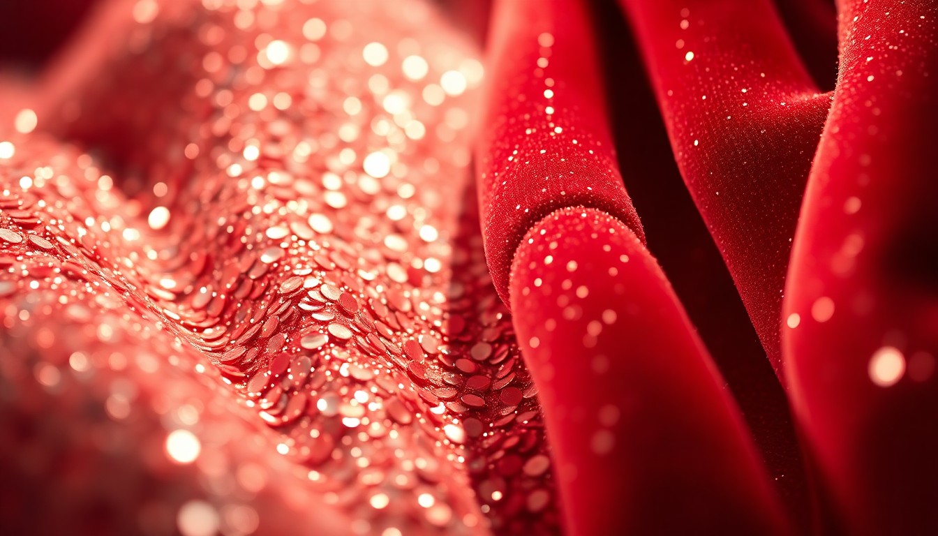 An extreme close-up of shimmering, textured fabrics in a high-contrast, studio-lit composition, conceptually representing the glitz and satire of the latest SNL episode.