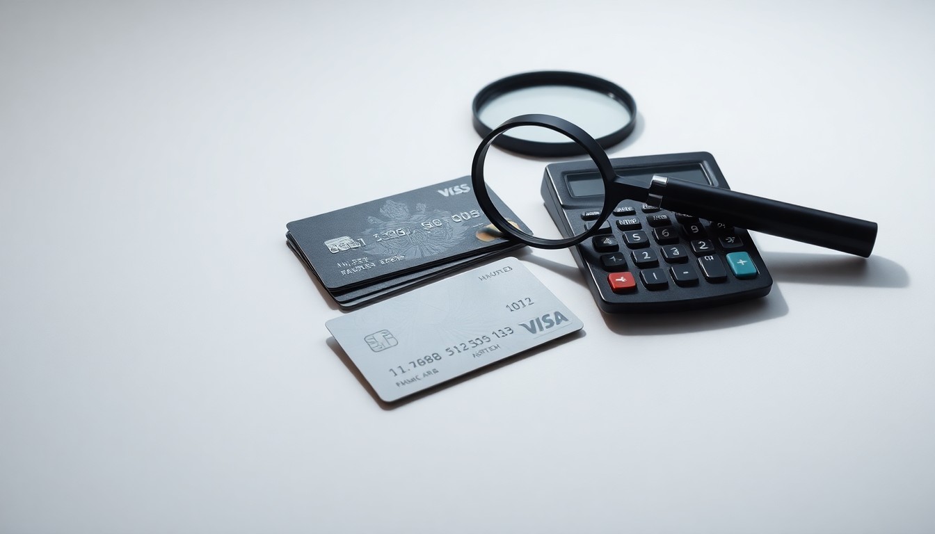 A high-end, photorealistic studio still-life photograph featuring a stack of credit cards, a calculator, and a magnifying glass arranged elegantly on a clean, monochromatic background. The objects use dramatic lighting and shadows to represent the abstract concepts of corporate strategy, finance, and risk in the credit scoring industry.