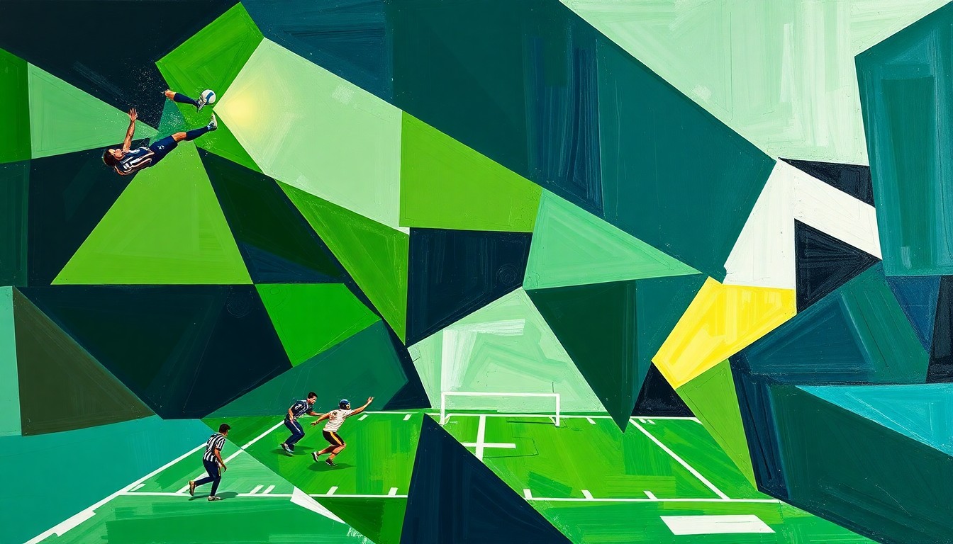 A cubist, geometric painting depicting a fragmented football game, with sharp planes of navy, green, and white overlapping to create a dynamic, abstract scene.