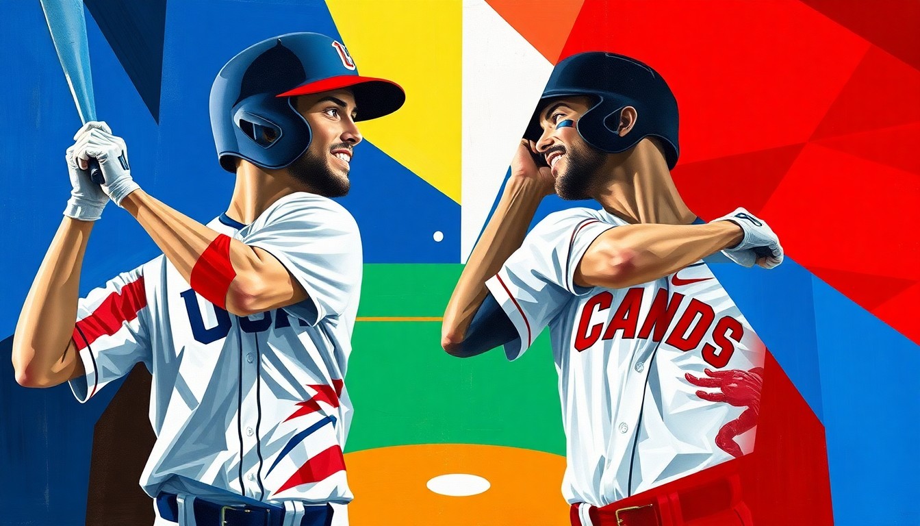A cubist, geometric painting depicting the intense action and rivalry of the USA vs. Canada World Baseball Classic quarterfinal game, with the players' forms abstracted into dynamic, overlapping shapes and planes.