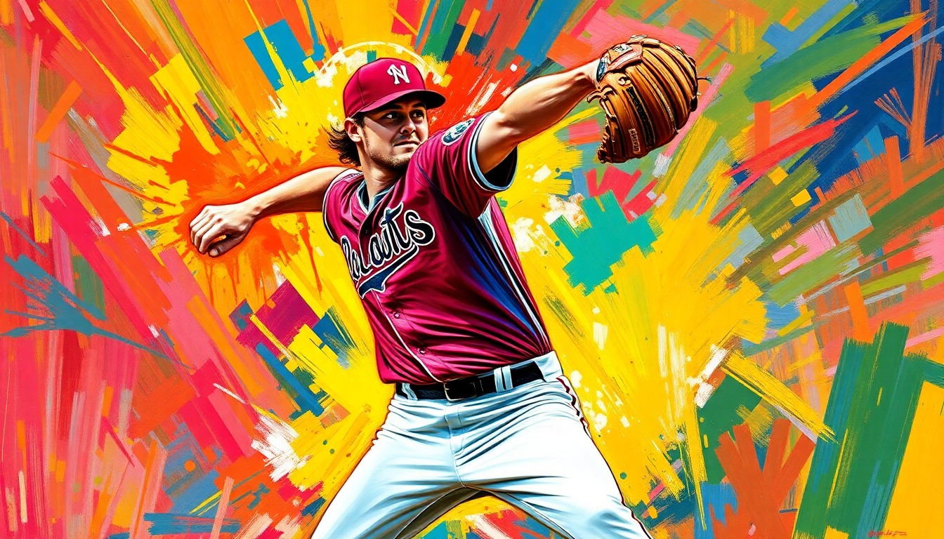 An abstract, energetic painting featuring bold, neon-colored brushstrokes that capture the dynamic motion and power of a baseball pitcher on the mound, representing the remarkable performance of Rhett Lowder.