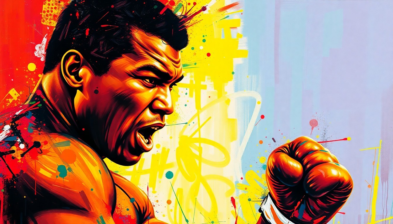 An abstract expressionist painting in vibrant neon colors, featuring the silhouette of a boxer in a fighting stance, with the face and details dissolved into energetic brushstrokes.