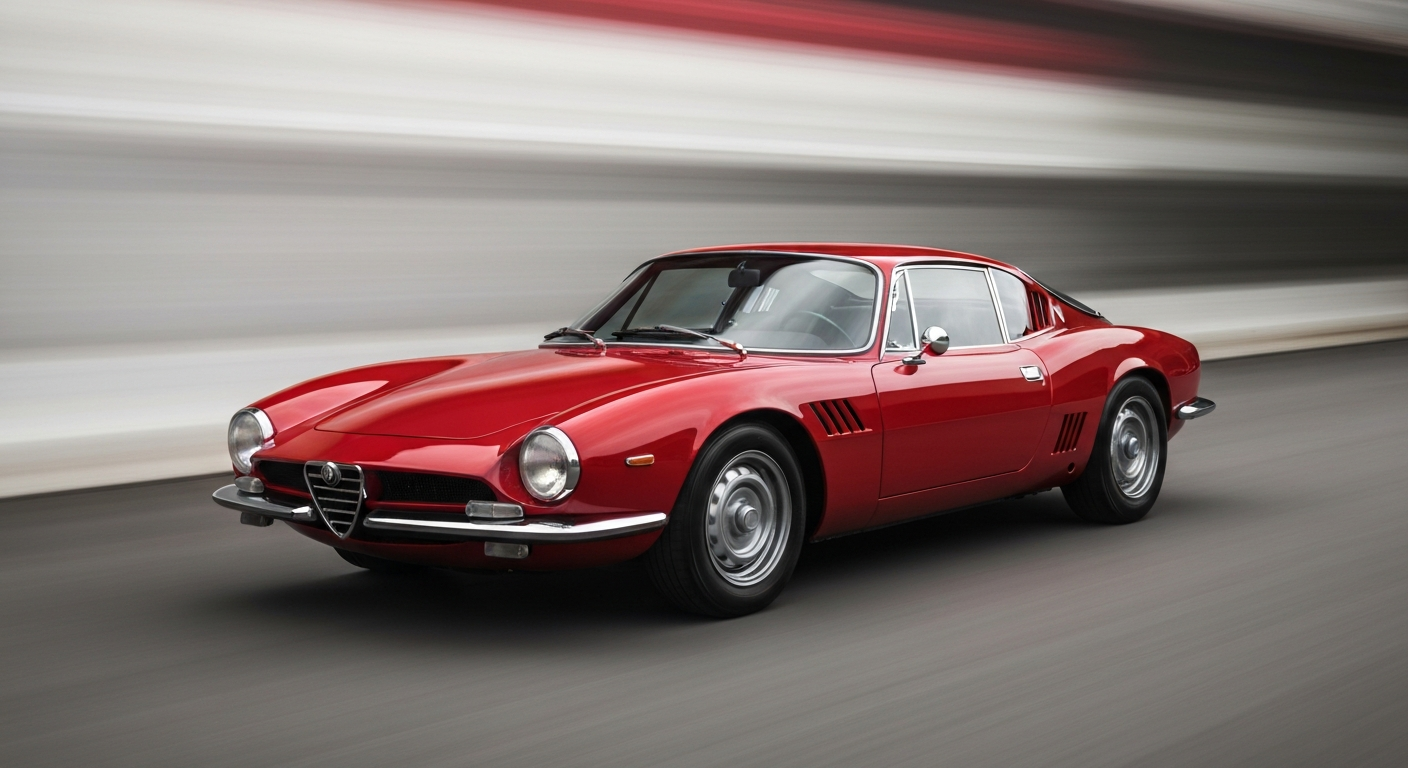 Heavily blurred, sweeping streaks of vibrant red, black, and chrome paint, conceptually representing the speed and rarity of a 1967 Alfa Romeo 33 Stradale sports car.