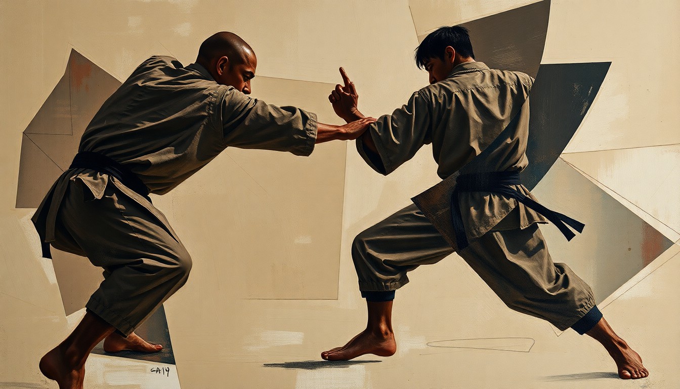 A fragmented, cubist-style painting depicting a martial arts competition or training session, with sharp geometric shapes and planes in muted earth tones and metallic accents, conveying the technical complexity and precision of the modern martial arts industry.