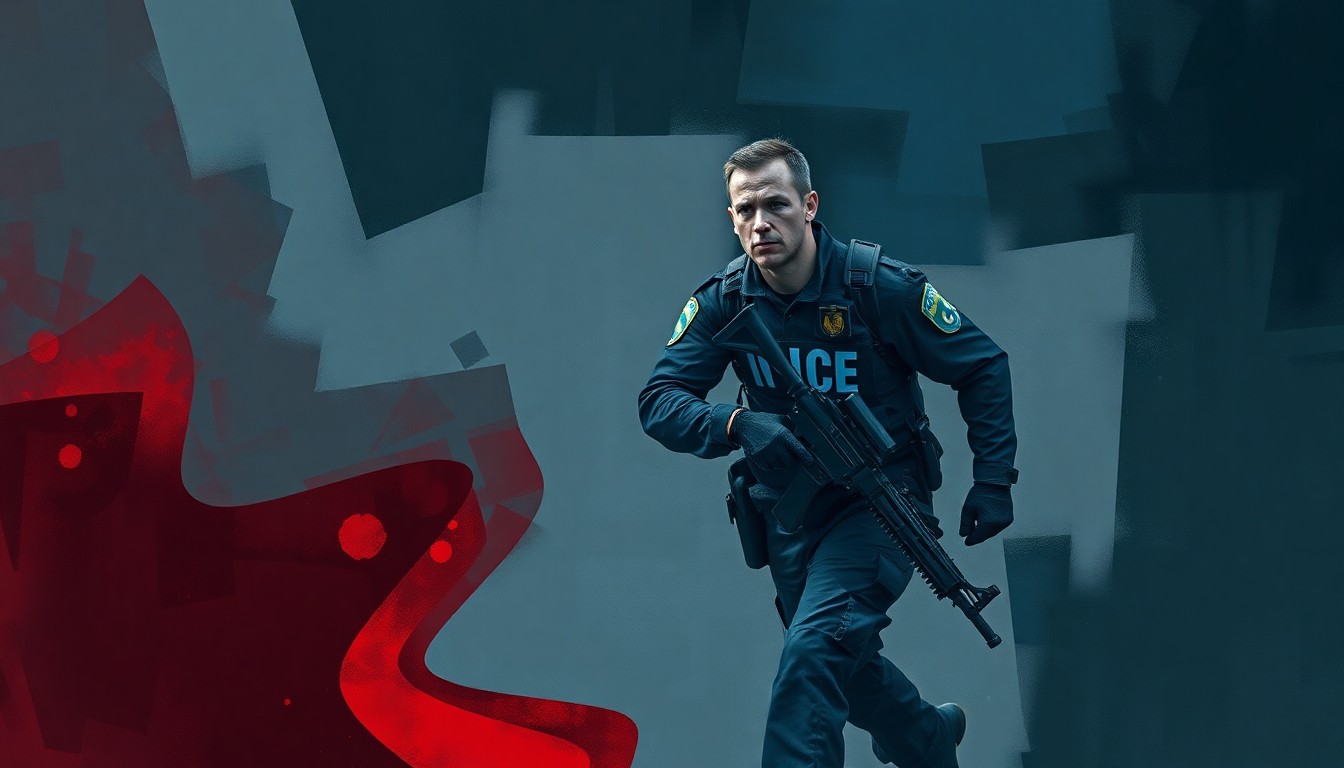 A dynamic, abstract painting of an ICE agent in motion, with overlapping geometric shapes and waves of dark blue, gray, and muted red colors, conveying a sense of tension and uncertainty around the implementation of body cameras.