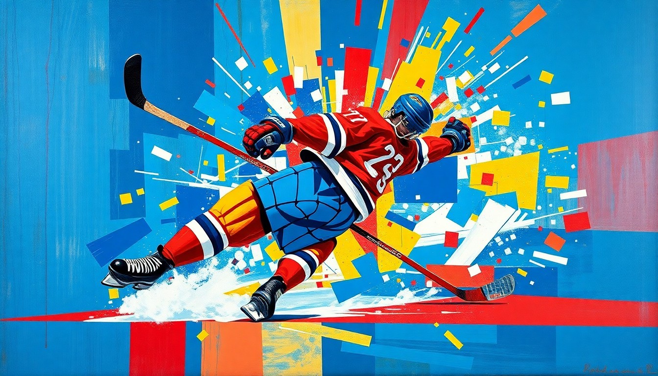 A cubist-style painting depicting a hockey player's collision and fall, with sharp, overlapping geometric shapes in vibrant blue, red, and yellow colors, conveying the intensity and danger of the incident.