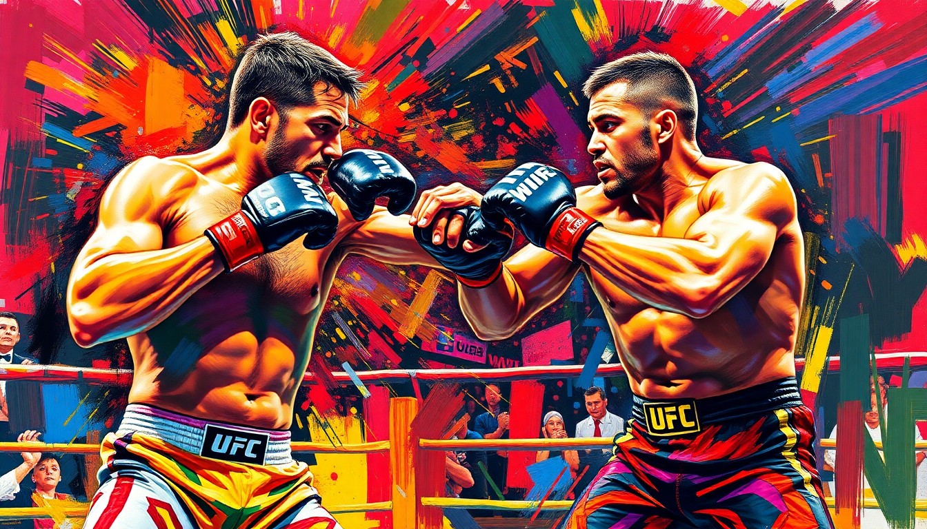 An abstract, expressionist painting in neon colors depicting the intense striking exchange between two UFC fighters, capturing the explosive energy and drama of the unexpected upset.