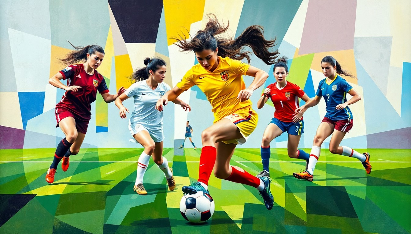 A fragmented, geometric painting depicting the dynamic movements and action of a women's soccer match, with the players' forms abstracted into sharp, overlapping shapes in a vibrant color palette.
