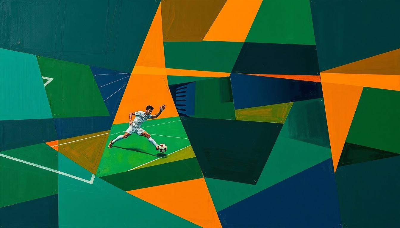 A cubist, geometric painting depicting a fragmented football game scene, with sharp, overlapping shapes in navy, green, and orange conveying the strategic complexity of a potential blockbuster trade.