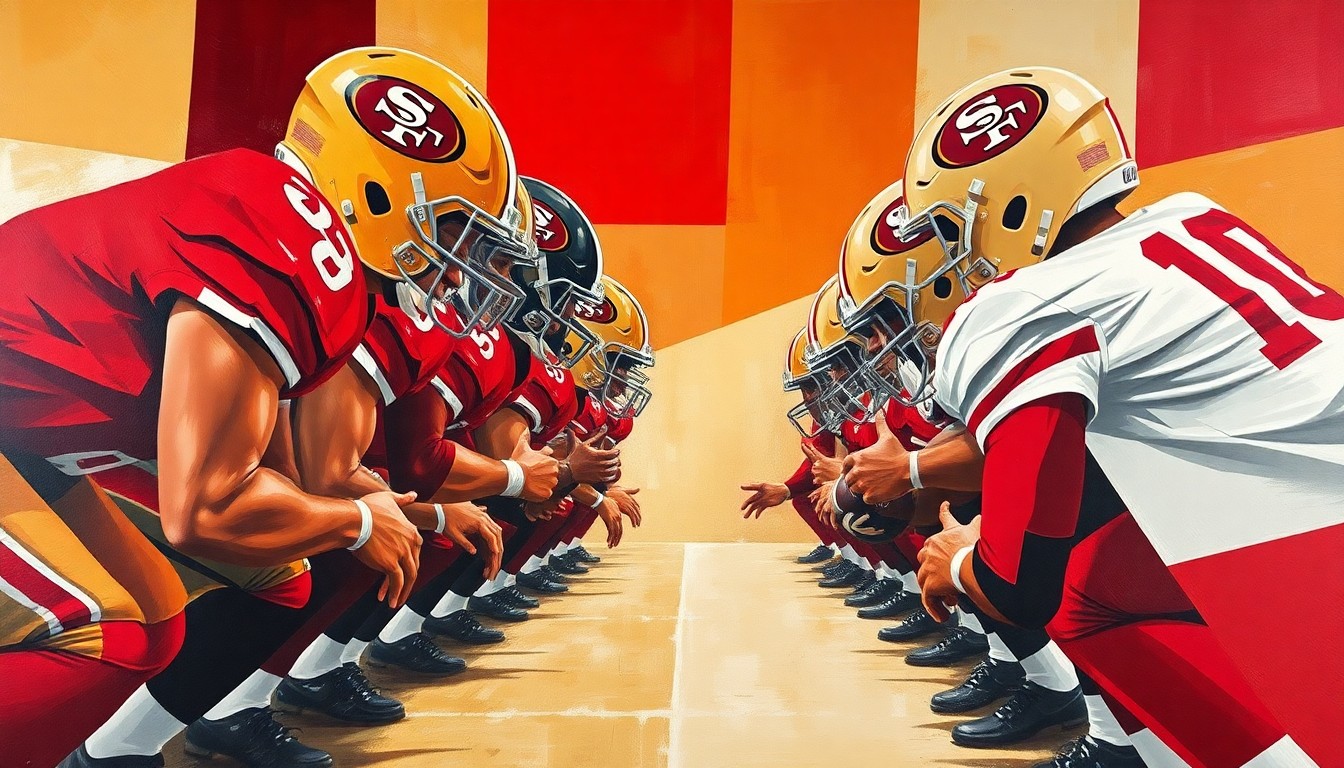 A cubist, geometric painting depicting an abstract football offensive line, with sharp planes of red, gold, and white representing the San Francisco 49ers' colors.