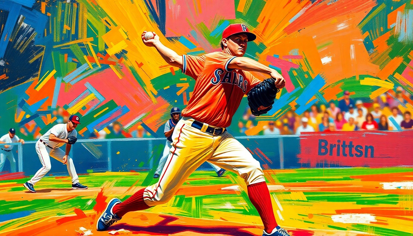 A dynamic, colorful painting depicting the powerful motion of a baseball pitcher delivering a pitch, with the batter and catcher blurred in the background, conveying the energy and intensity of the game.