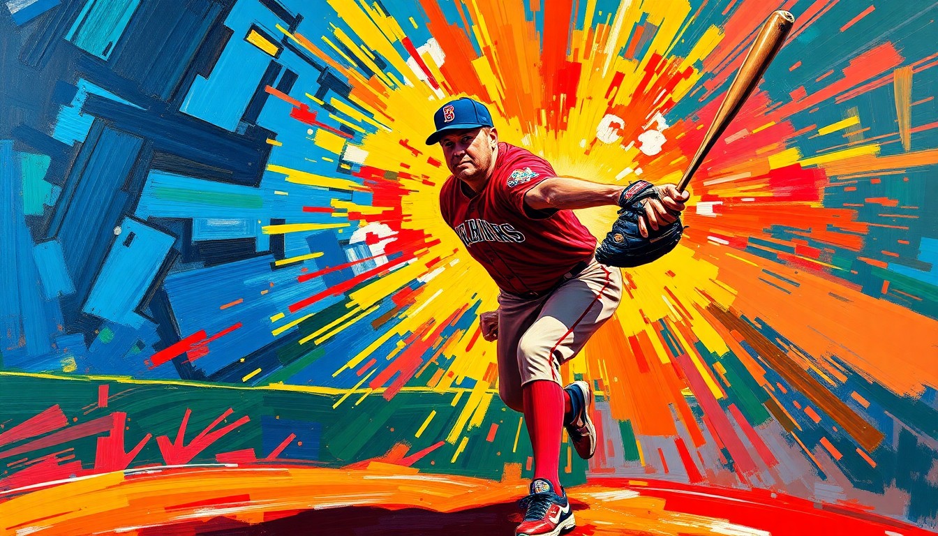 A vibrant, expressionist painting using rapid, energetic brushstrokes and neon colors to depict the dynamic motion of a knuckleball pitch, conceptually representing the legacy of Wilbur Wood's iconic pitching style.