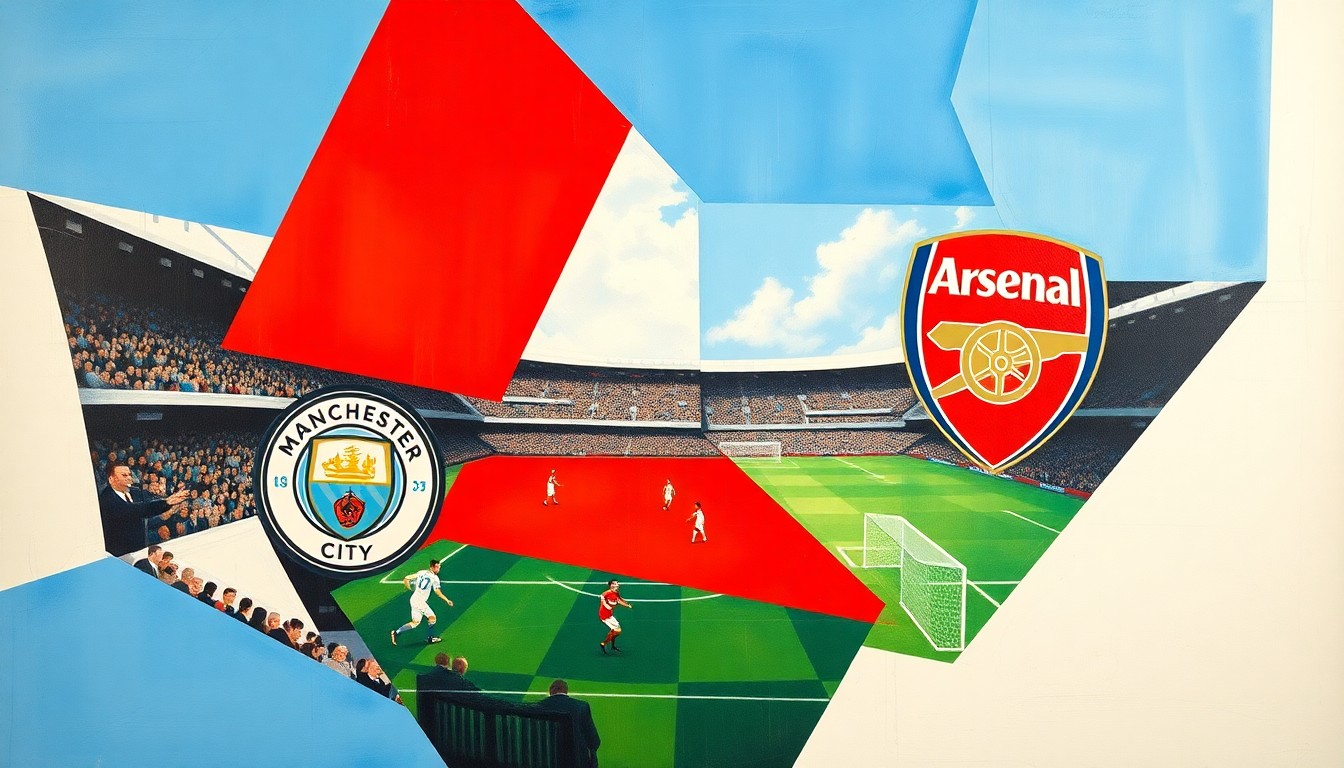 A cubist, geometric painting depicting a Premier League football match between Manchester City and Arsenal, with the players and the field of play broken down into sharp, overlapping planes of color in the teams' official colors.
