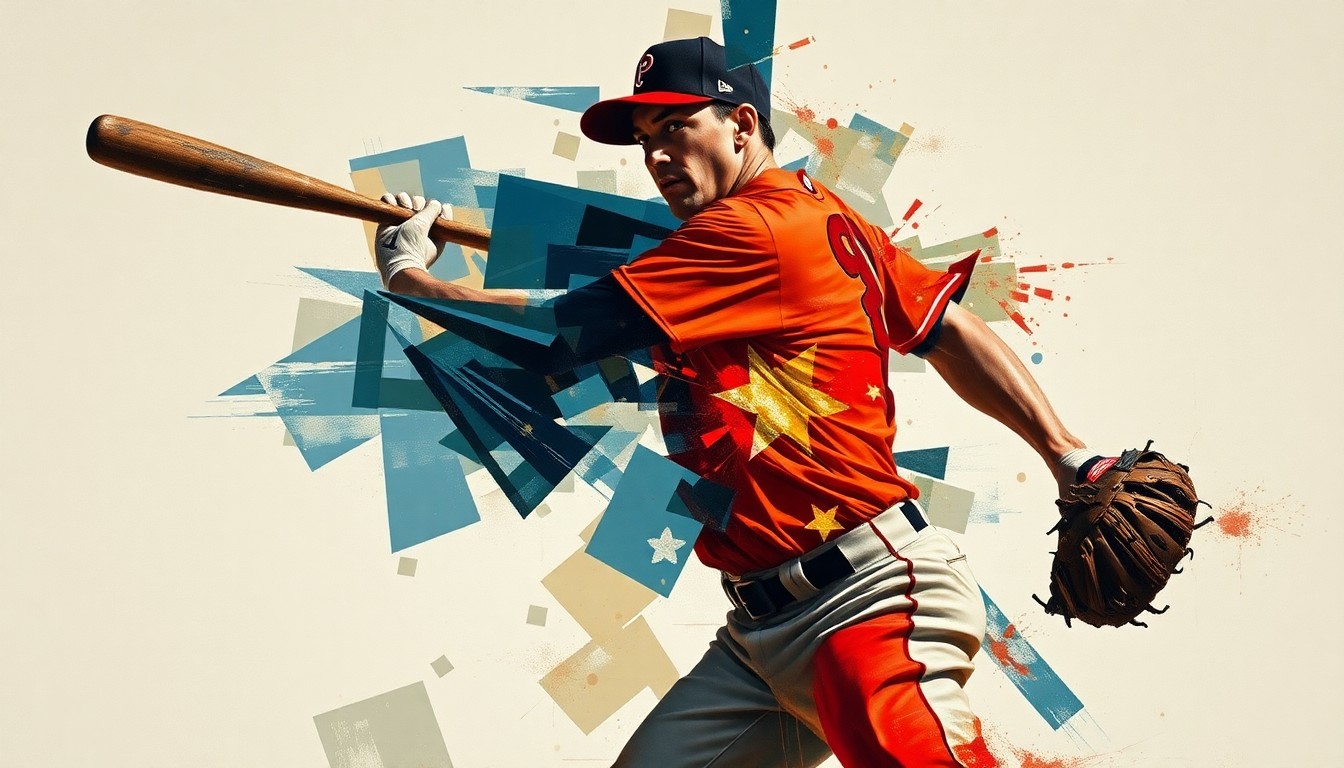 A fragmented, geometric painting depicting the motion and tension of a baseball player, representing the vulnerability of even the game's brightest stars.