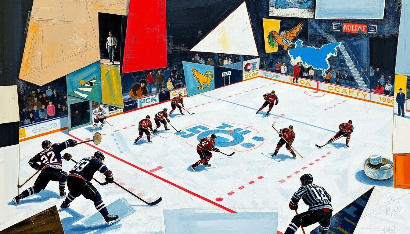 A fractured, geometric painting depicting the dynamic movements and action of a hockey game, with players and the puck rendered in sharp, overlapping planes of color and form.