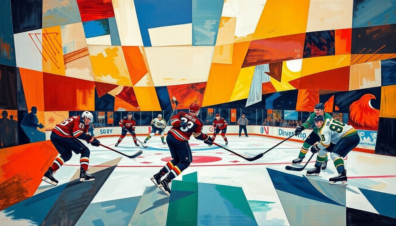A cubist, geometric painting depicting a hockey game between the Flames and Ducks, with the players and action broken down into abstract shapes and planes of color.