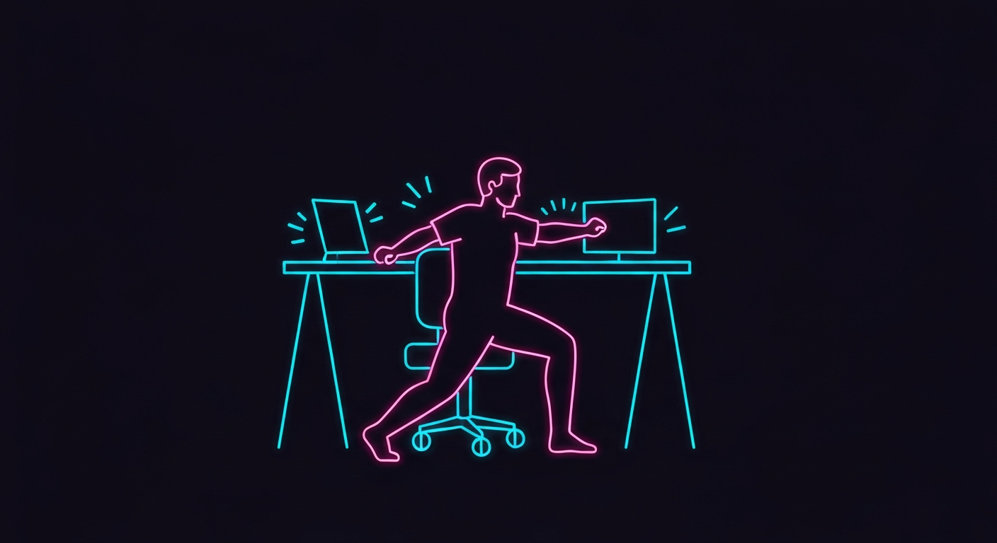 A minimalist illustration in the style of Keith Haring, depicting a person performing desk exercises with their arms and legs extended in fluid, glowing neon lines against a dark background, conceptually representing the importance of movement and mobility for desk-bound workers.