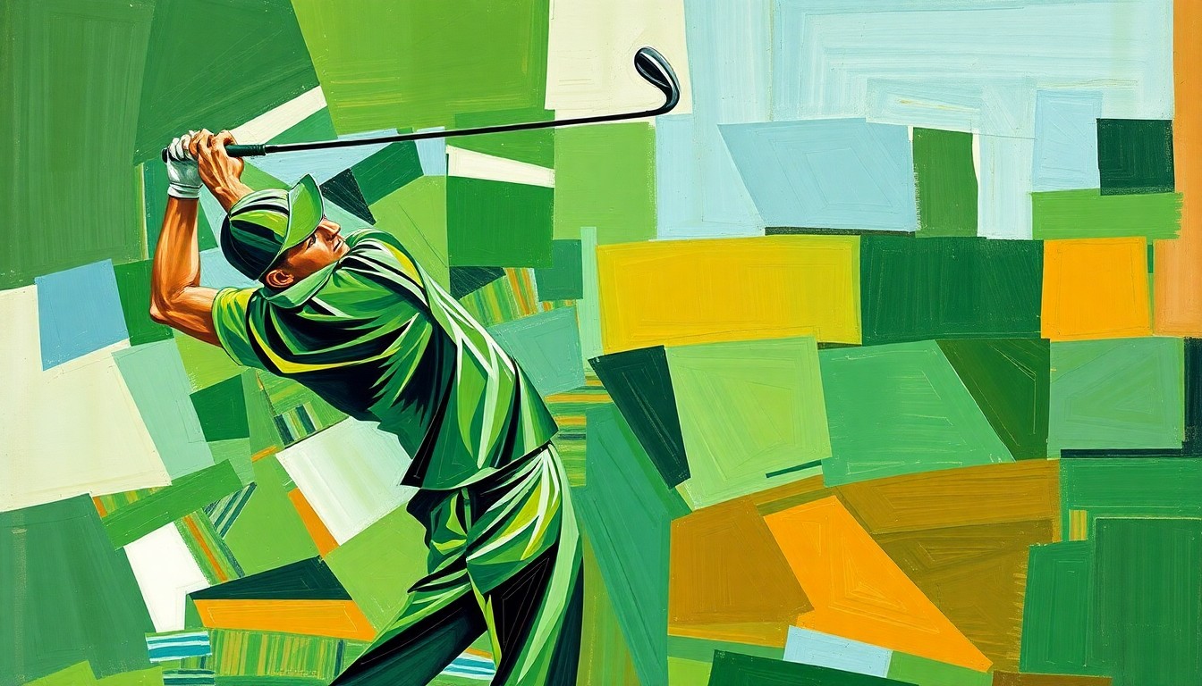 A cubist, geometric painting depicting a golfer's swing broken down into overlapping planes of green, blue, and brown, capturing the dynamic motion of the sport.