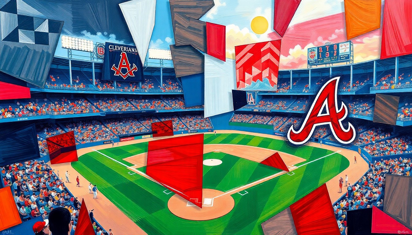 A fractured, multi-perspective painting in bold, overlapping geometric shapes and planes, using the team colors of the Cleveland Guardians and Atlanta Braves to conceptually represent the intensity of their baseball game.