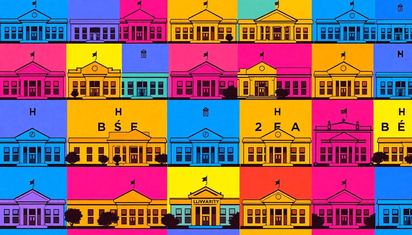 A brightly colored, high-contrast silkscreen print of a university administrative building icon repeated in a tight grid pattern, utilizing vibrant neon colors and heavy black outlines to transform the everyday into a modern pop art representation of the complex issues surrounding the university's outsourcing plan.