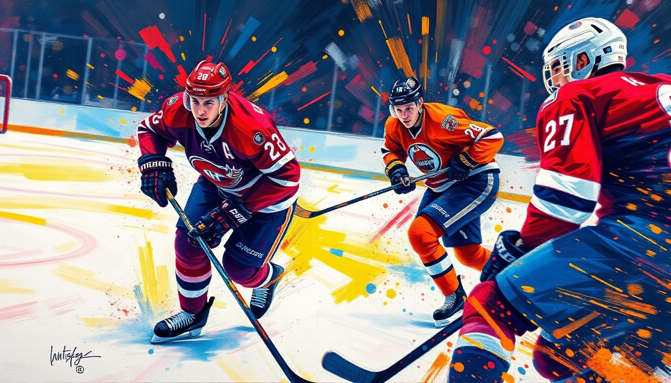 An abstract, expressionist painting in neon colors depicting the intense action and energy of a hockey game, with players' forms and equipment blending into a vibrant, dynamic composition.