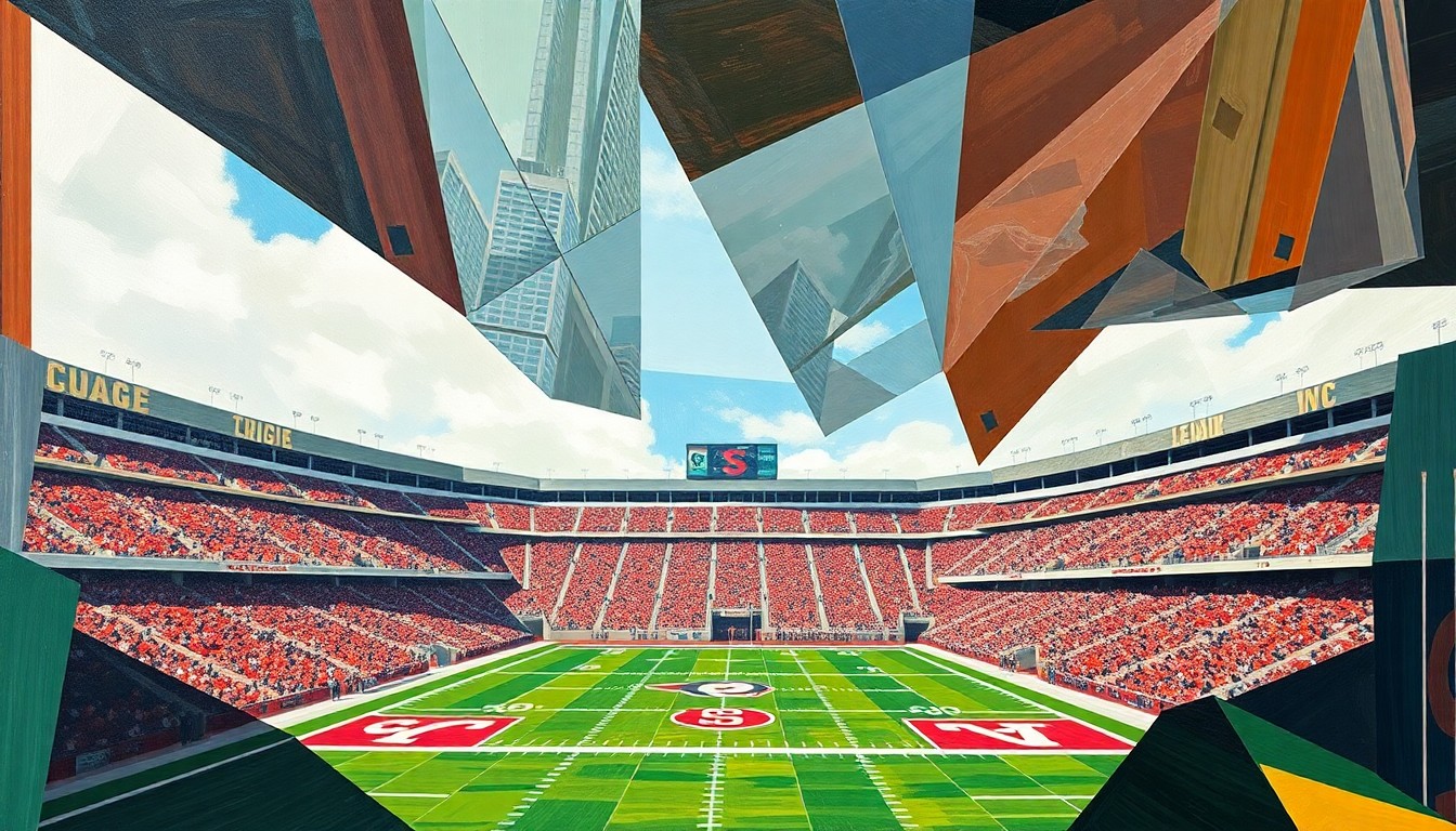 A cubist, geometric painting depicting a college football stadium broken down into overlapping planes of the school's colors, capturing the tension between commercial interests and cherished traditions.