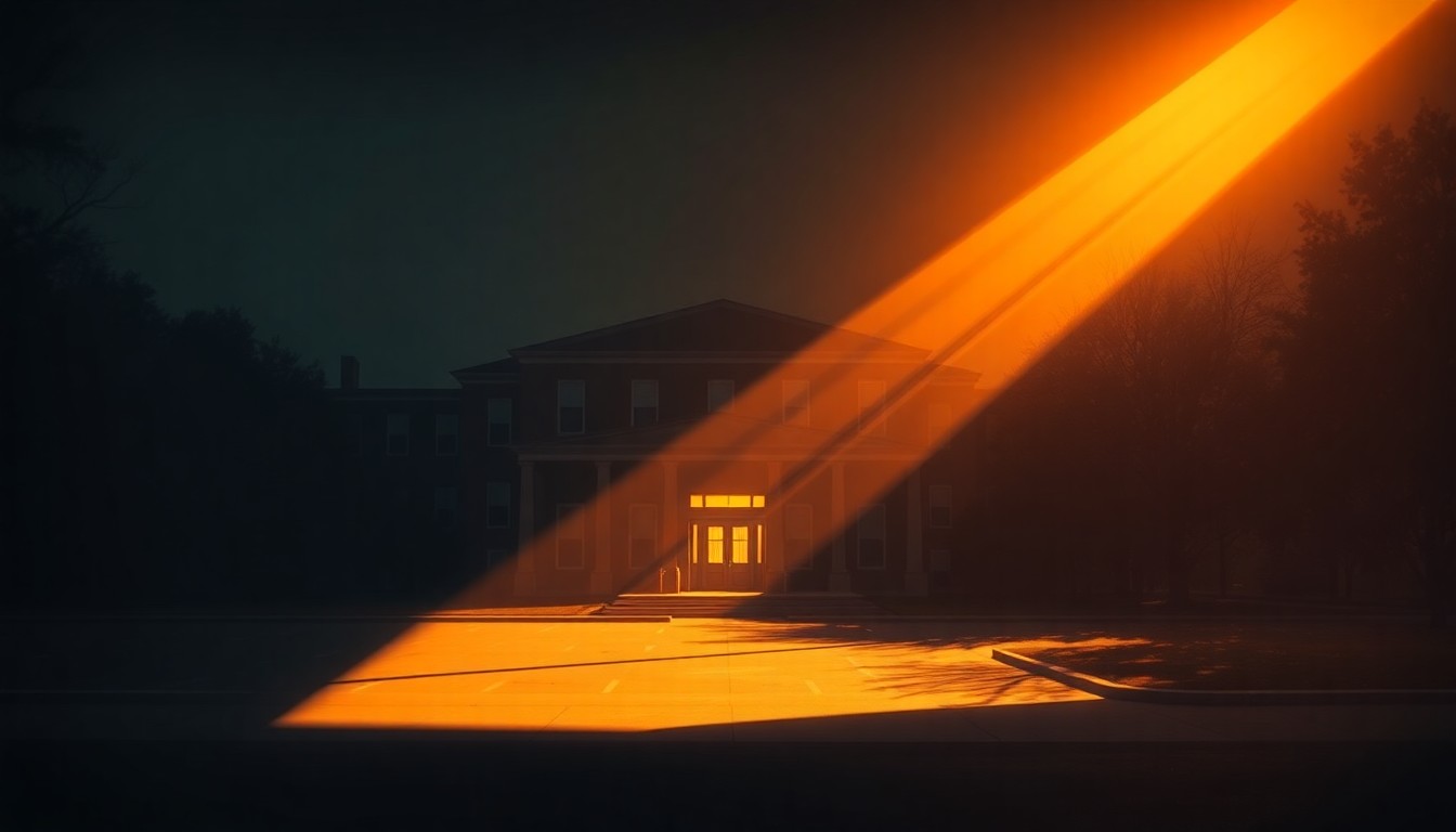 A quiet, cinematic painting of a solitary university building or administrative office, with warm sunlight streaming through the windows and deep shadows cast across the facade, conveying a sense of contemplation and unease about the political tensions underlying the academic partnership.