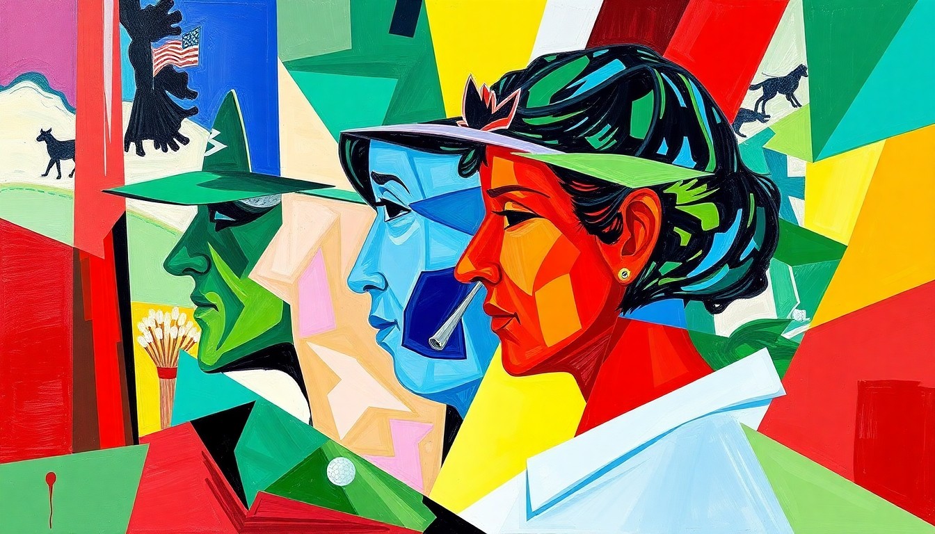 A fractured, multi-perspective painting in vibrant colors, breaking down the Augusta National Women's Amateur golf tournament into sharp, overlapping geometric planes, capturing the energy and talent of the event.