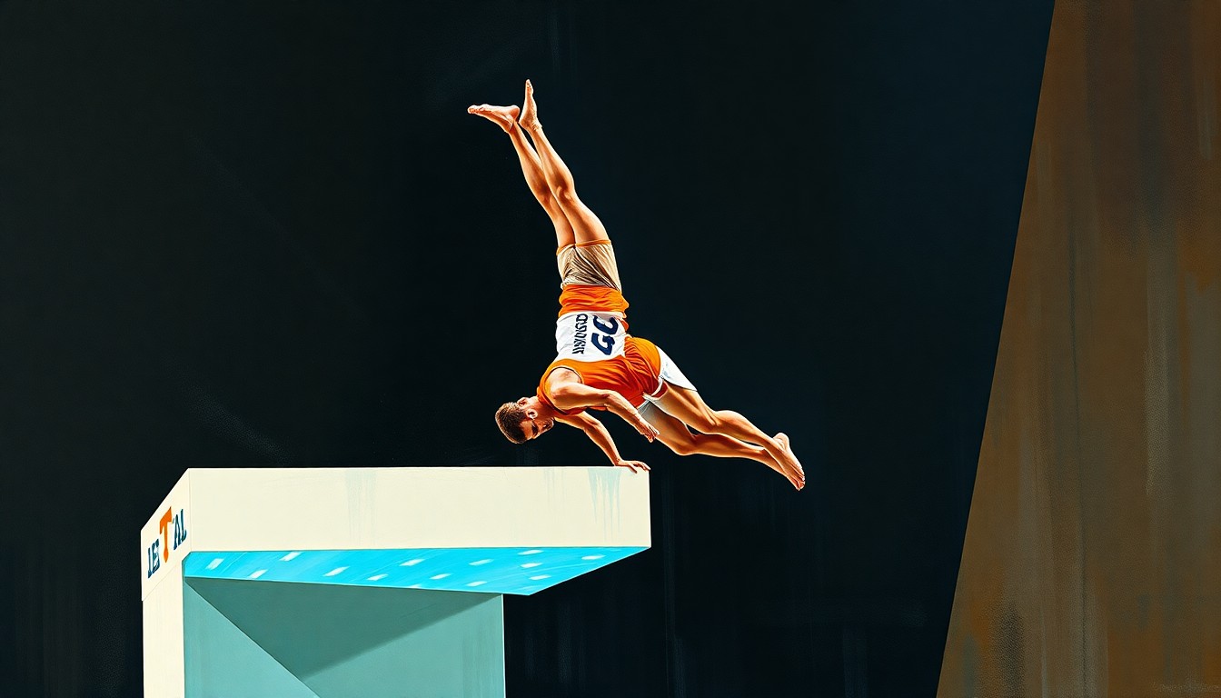 A fractured, geometric painting depicting the motion and energy of a diving competition, with overlapping planes of color representing the Tennessee Volunteers and University of Texas divers.