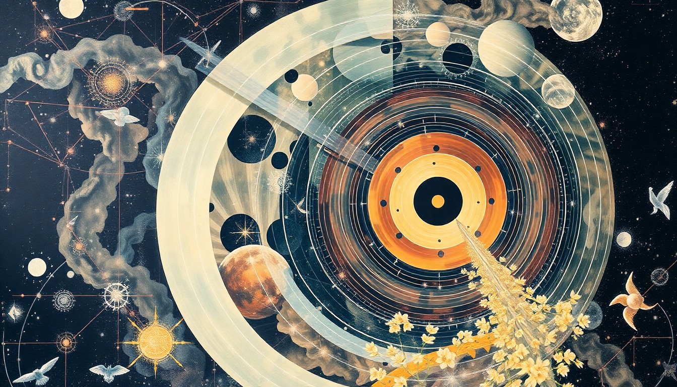 A bold, abstract painting in soft, flat colors featuring sweeping geometric arcs, concentric circles, and precise spirals, conceptually representing the structural order and forces of space exploration and the power of music to transcend boundaries.