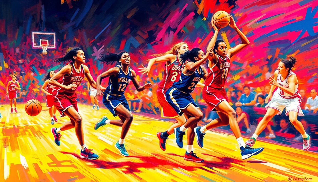 An abstract expressionist painting in vibrant neon colors, with rapid brushstrokes capturing the energy and movement of a WNBA basketball game.
