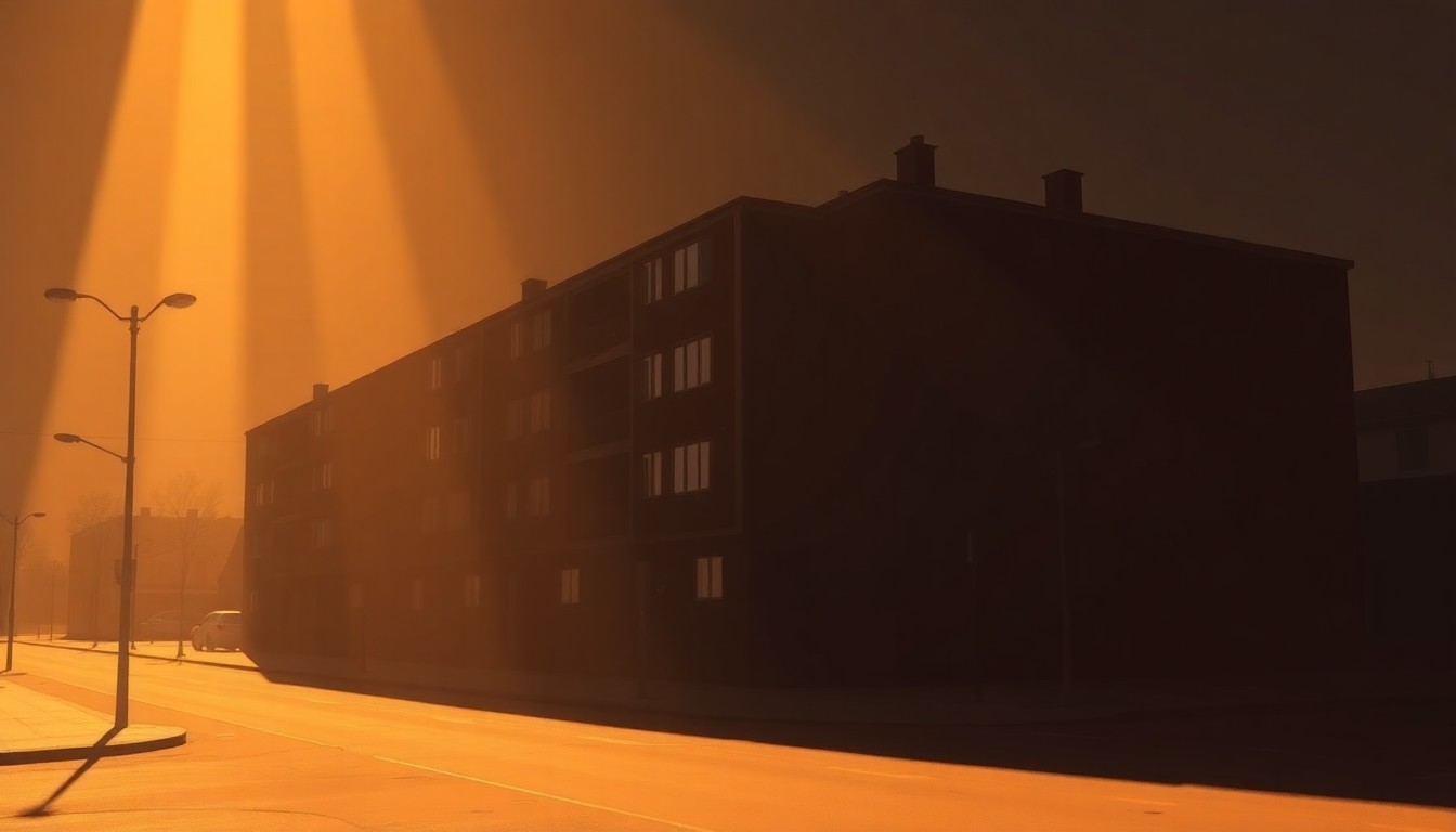 A photorealistic painting of a multi-story apartment building or row of houses in a city setting, with warm sunlight streaming through the windows and deep shadows cast across the facade, creating a sense of solitude and contemplation.