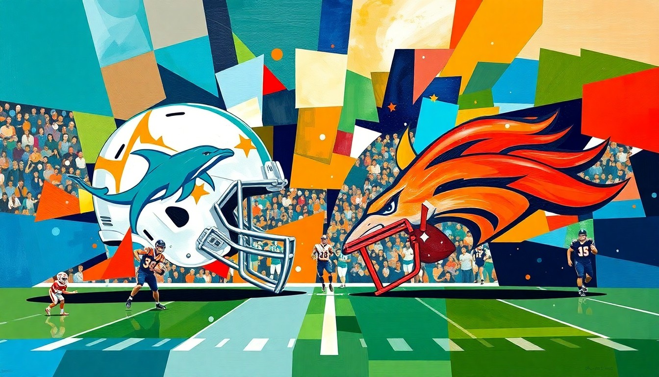 A cubist, geometric painting depicting a fragmented football game, with sharp, overlapping planes of color representing the Miami Dolphins and Denver Broncos teams.