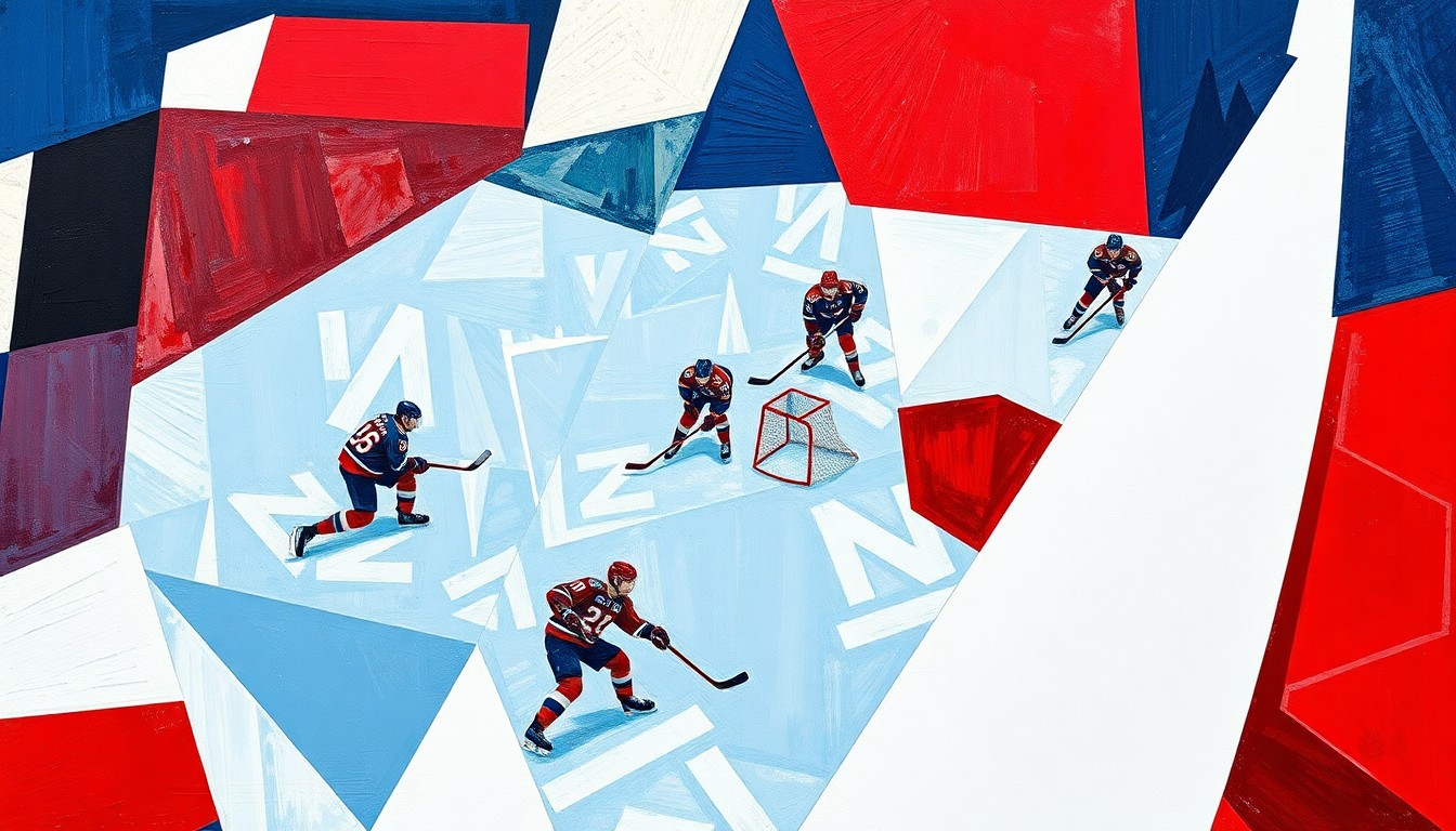 A cubist, geometric painting depicting the action of a hockey game, with players and the ice surface broken down into sharp, overlapping planes of color, creating a dynamic, abstract composition.