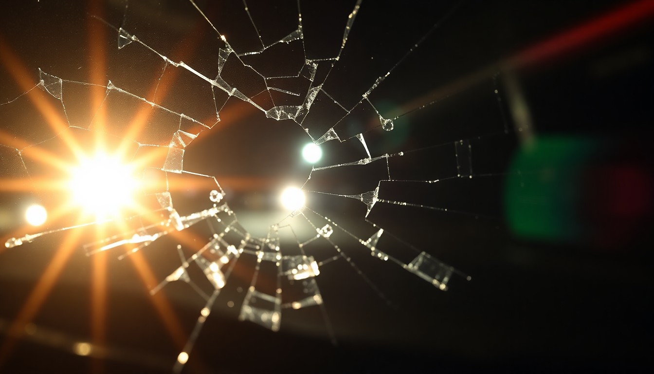 An extreme close-up photograph of a cracked and shattered car windshield reflecting the harsh glare of a camera flash, conceptually representing the aftermath of a fatal traffic incident.