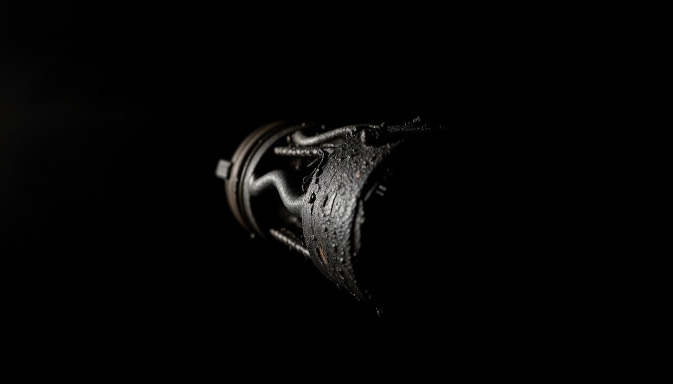 An extreme close-up of a charred, twisted metal object from the remains of a house fire, captured with a harsh, direct camera flash against a pitch-black background, creating a stark, gritty, investigative aesthetic.