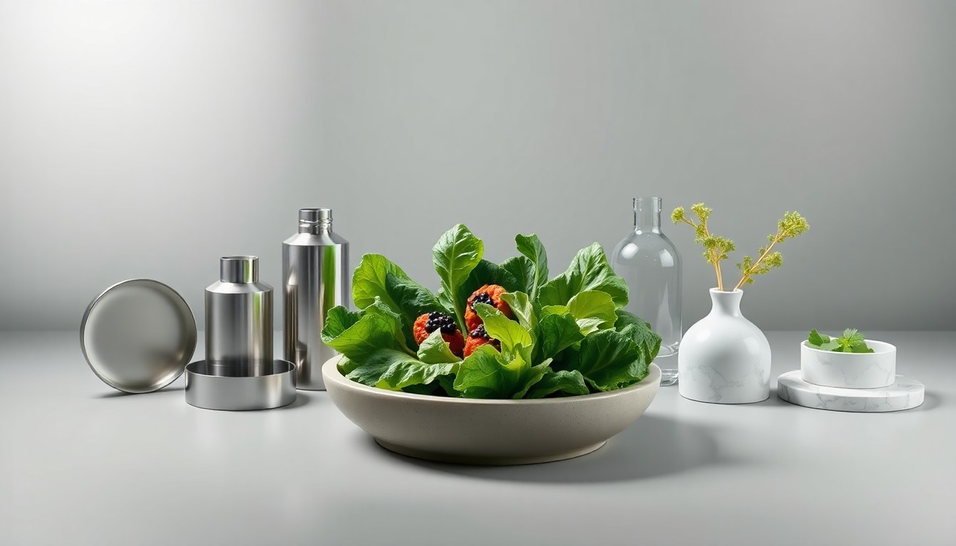 A high-end, minimalist studio still life featuring a collection of polished, geometric objects in muted tones, conceptually representing the corporate challenges facing the Sweetgreen salad chain.