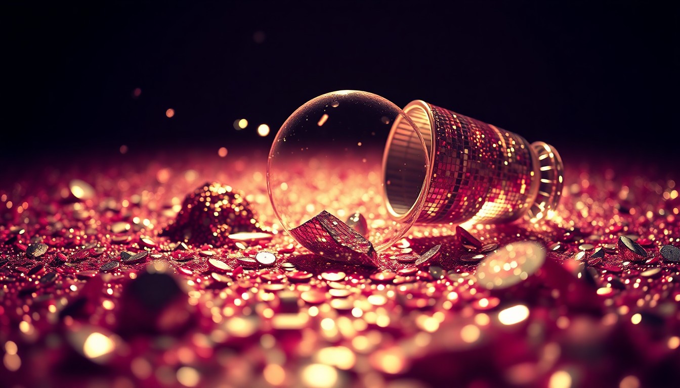 An abstract, high-contrast close-up image of shimmering sequins and shattered glass, capturing the glamour and energy of a major music festival performance.