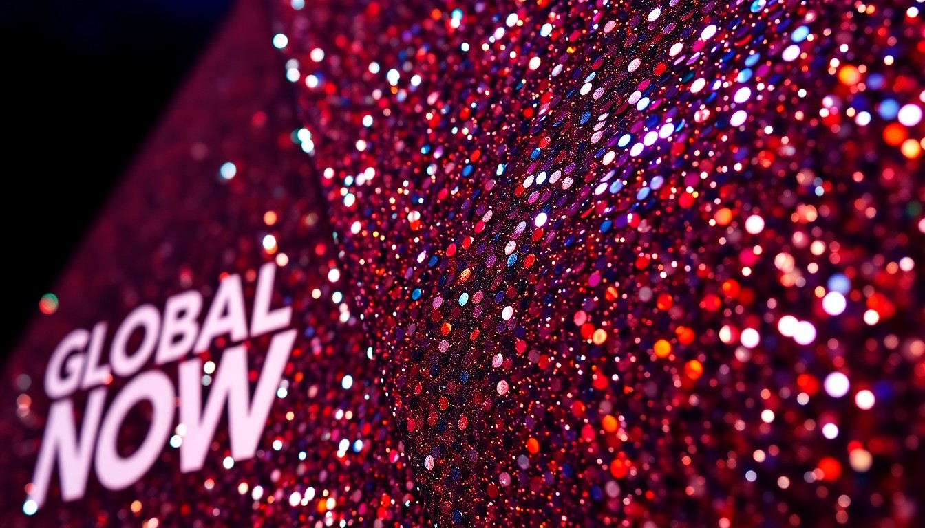 An extreme close-up of shimmering, glittering sequins and metallic textures, capturing the high-energy and glamorous atmosphere of the Global Citizen NOW summit.