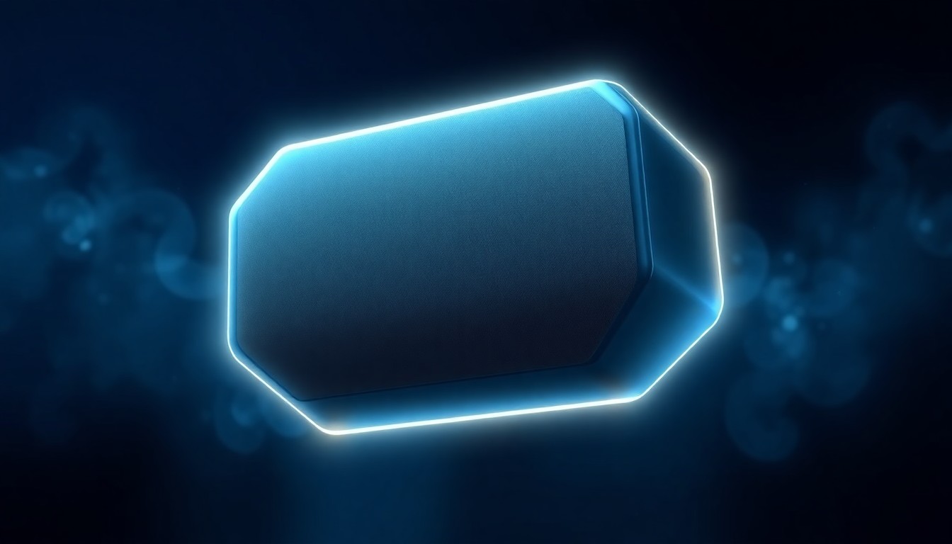 A highly detailed, glowing 3D illustration of a sleek, geometric speaker with subtly illuminated surfaces and edges in cool blues, teals, and greys, floating against a dark, atmospheric background and conveying a sense of technological sophistication.