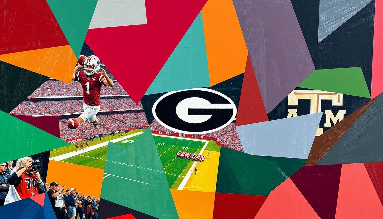 A fragmented, cubist-style painting depicting a college football game, with the players and field broken down into sharp, overlapping geometric shapes in the official colors of the teams mentioned in the story.