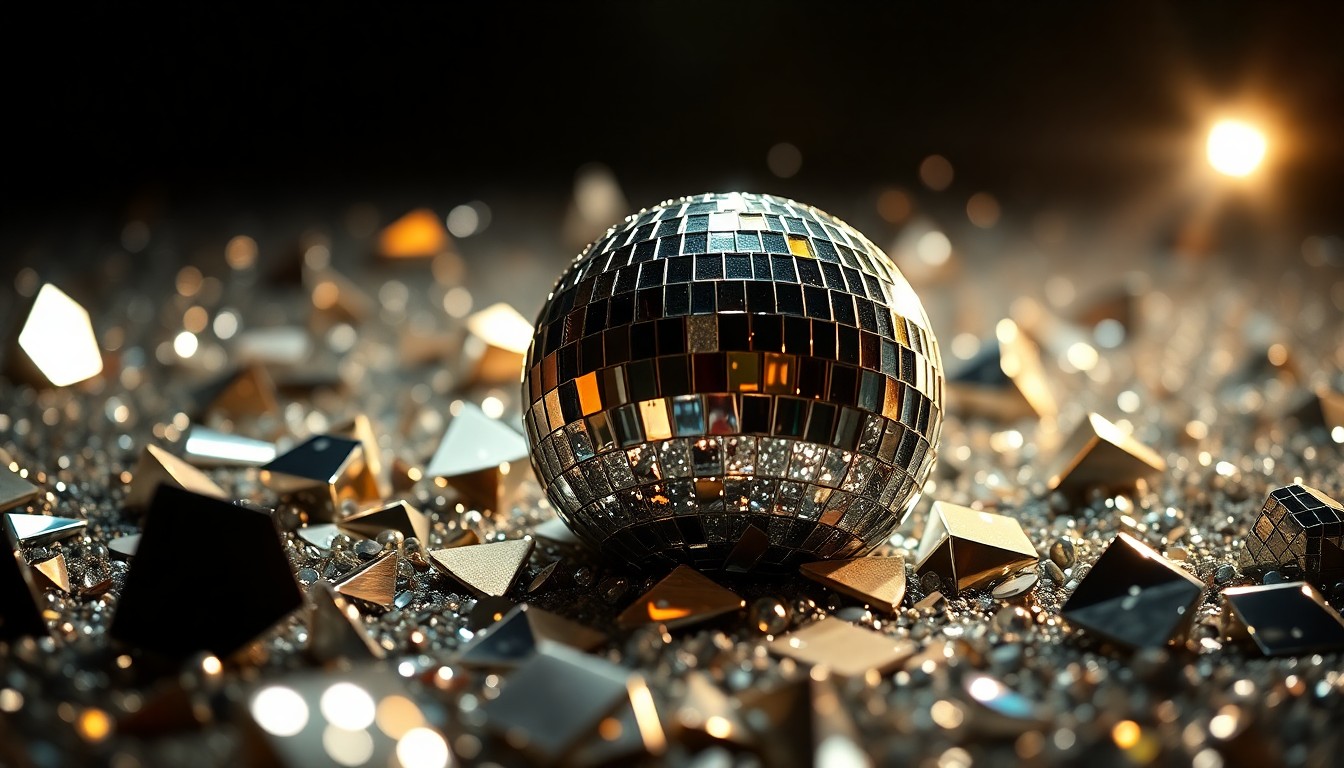 An abstract close-up photograph featuring a dramatic arrangement of shimmering sequins and glittering disco ball fragments, captured in high-contrast studio lighting to evoke the glamour and high-stakes competition of the latest season of 'Rock the Block'.