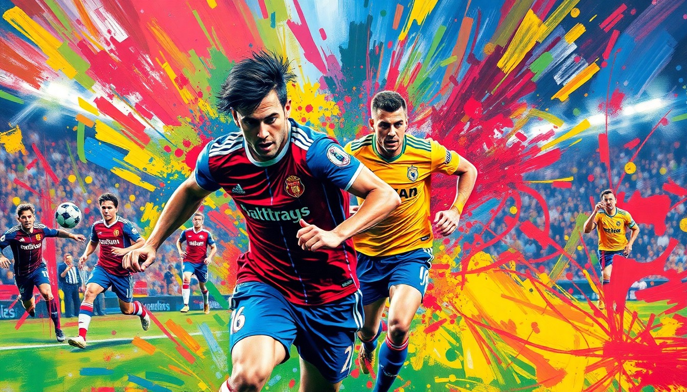 An abstract, expressionist painting in vibrant neon colors, capturing the raw energy and movement of a Premier League football match, with players' forms dissolving into unrecognizable brushstrokes.