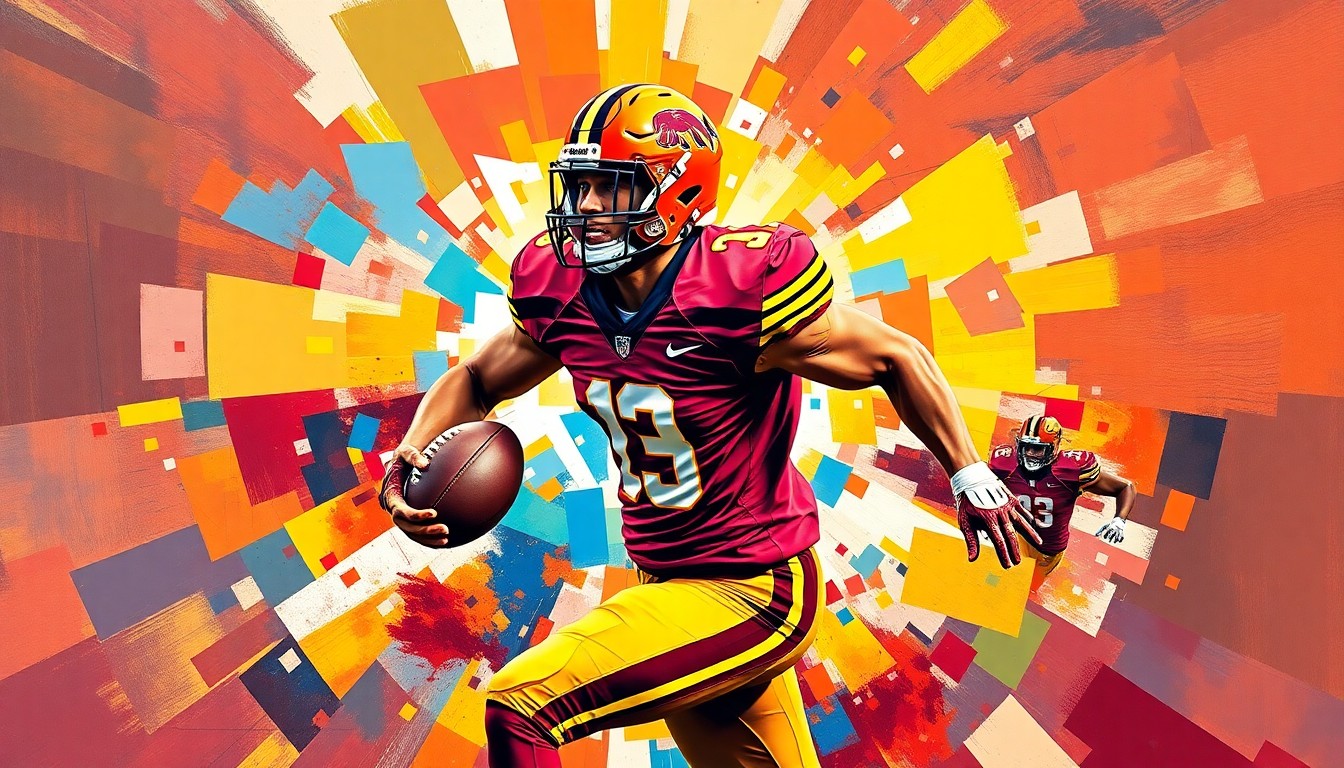 A fragmented, geometric painting depicting a football player in mid-motion, with sharp, overlapping planes of color representing the player's uniform and the dynamic nature of the sport.
