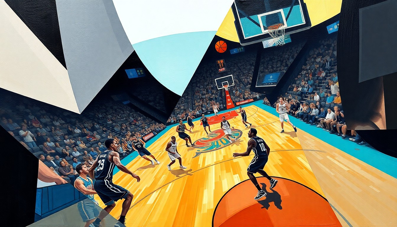 A cubist-style painting depicting a basketball game between the Charlotte Hornets and San Antonio Spurs, with the players' movements and the intensity of the game captured through sharp, overlapping geometric planes in a vibrant color palette.
