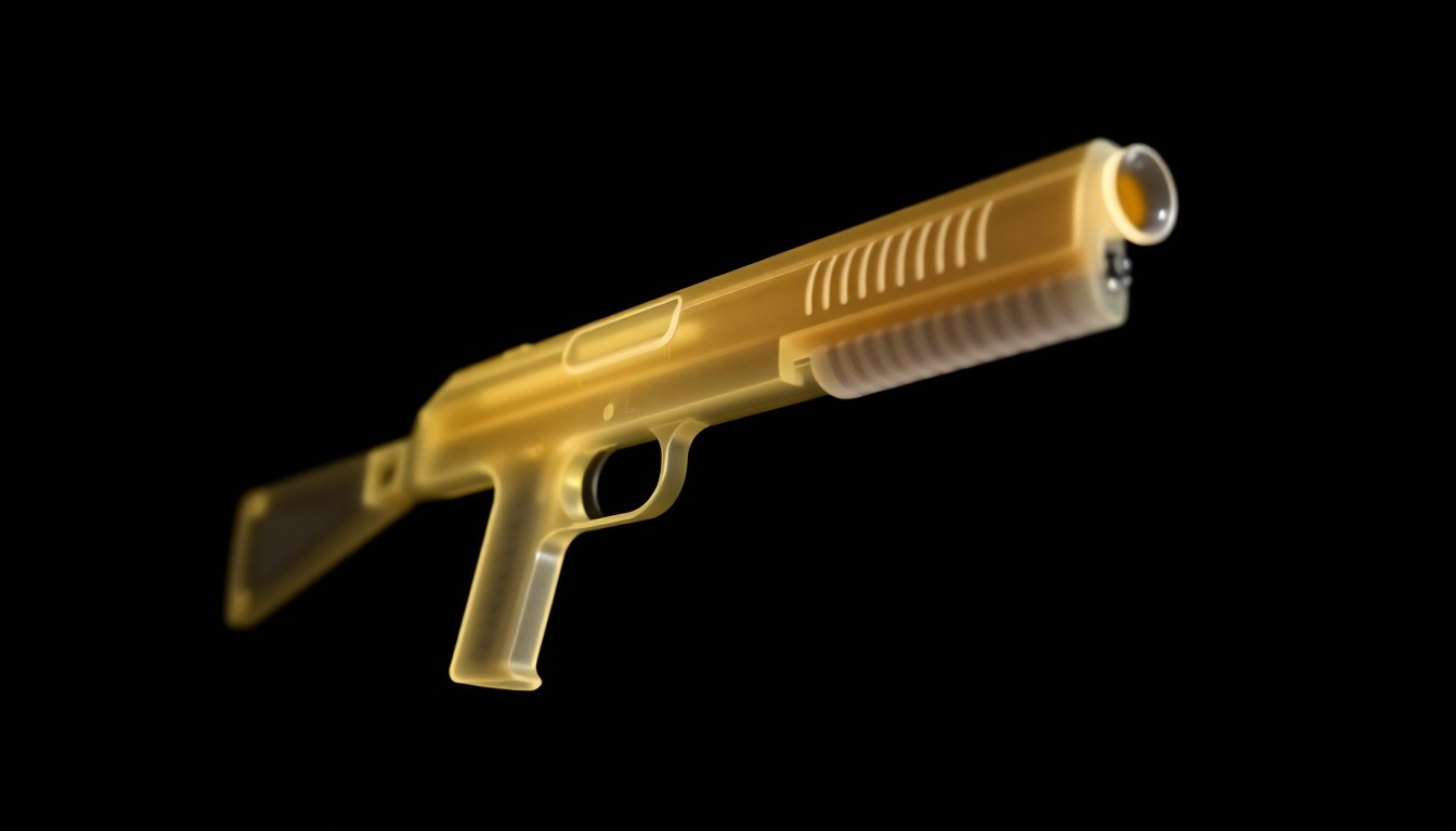 An extreme close-up photograph of a ghost gun, its metallic components and intricate details sharply illuminated by a harsh, direct camera flash against a pitch-black background, conceptually representing the gritty, investigative nature of this crime story.