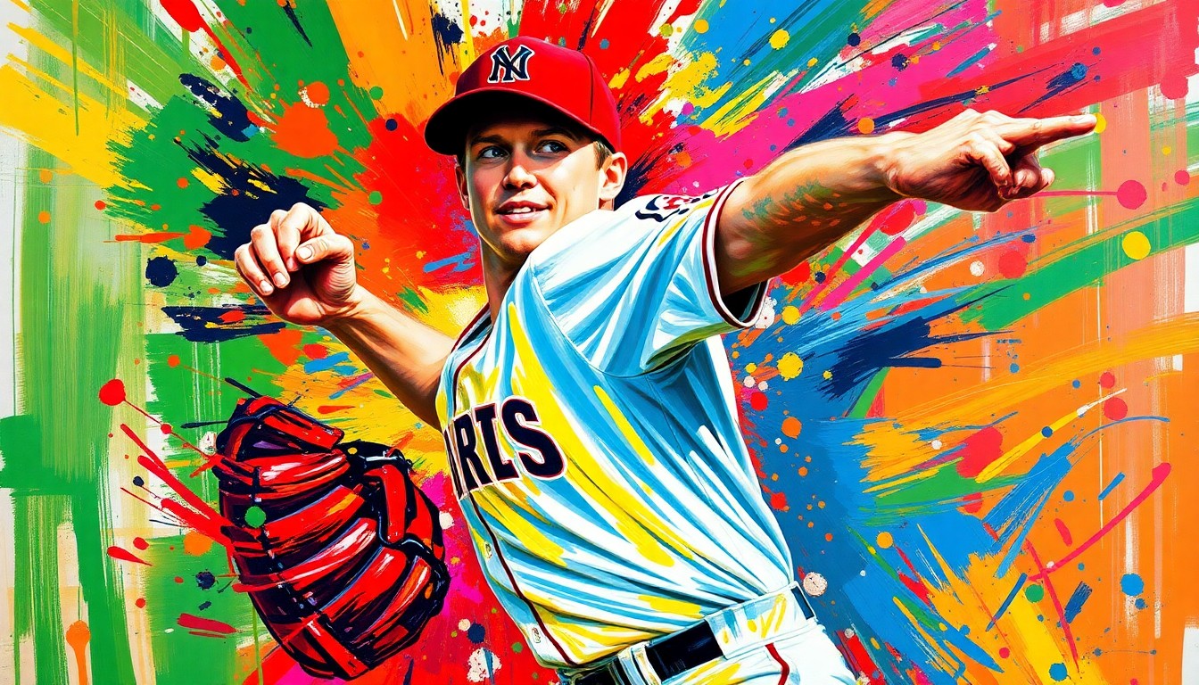 An abstract expressionist painting featuring bold, energetic brushstrokes in neon shades of orange, yellow, and blue, capturing the dynamic motion and intensity of a baseball pitcher's delivery.
