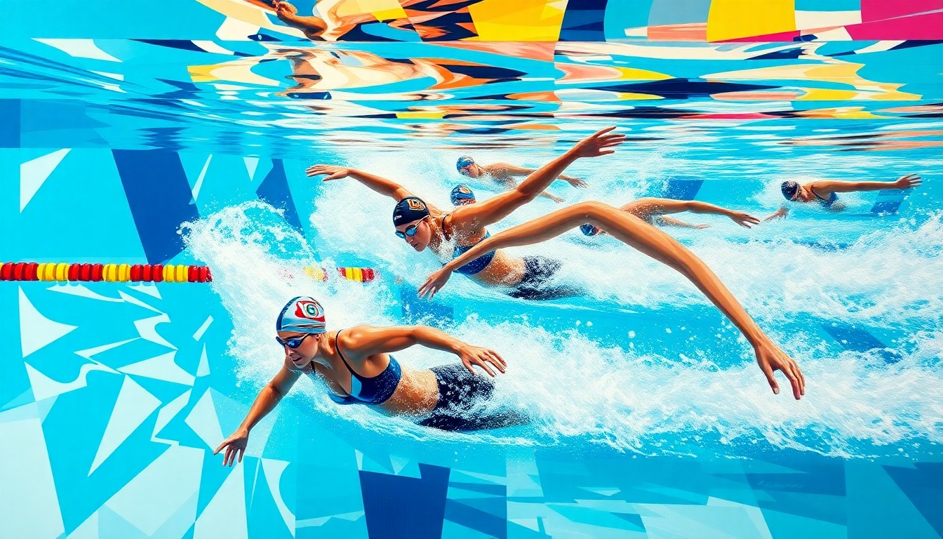 A fractured, geometric painting in vibrant colors depicting the fluid movements and competition of a women's swimming event, with overlapping planes and perspectives creating a sense of dynamic motion.